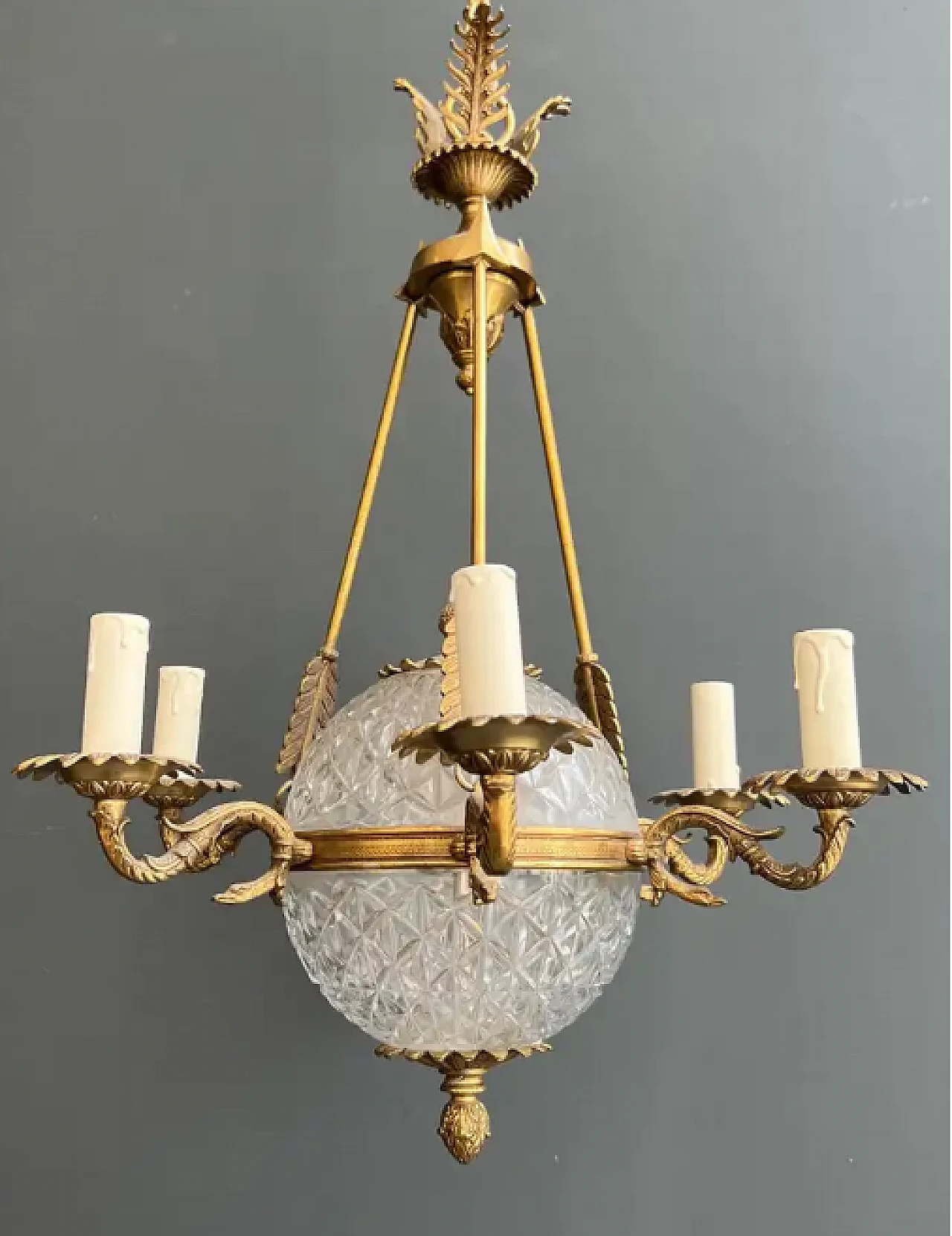 Empire-style balloon chandelier in bronze and crystal, 1940s 10