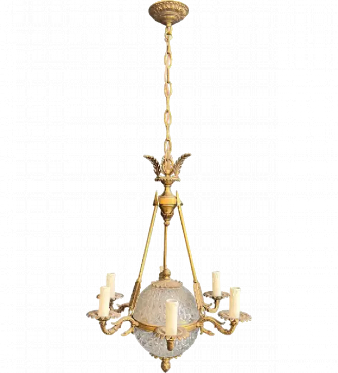 Empire-style balloon chandelier in bronze and crystal, 1940s 13