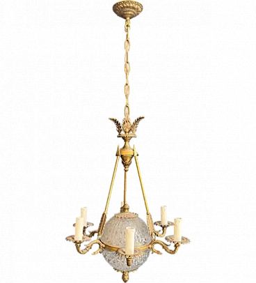 Empire-style balloon chandelier in bronze and crystal, 1940s