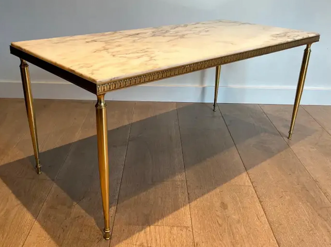 Neoclassical style brass coffee table with marble top, 1940s 2