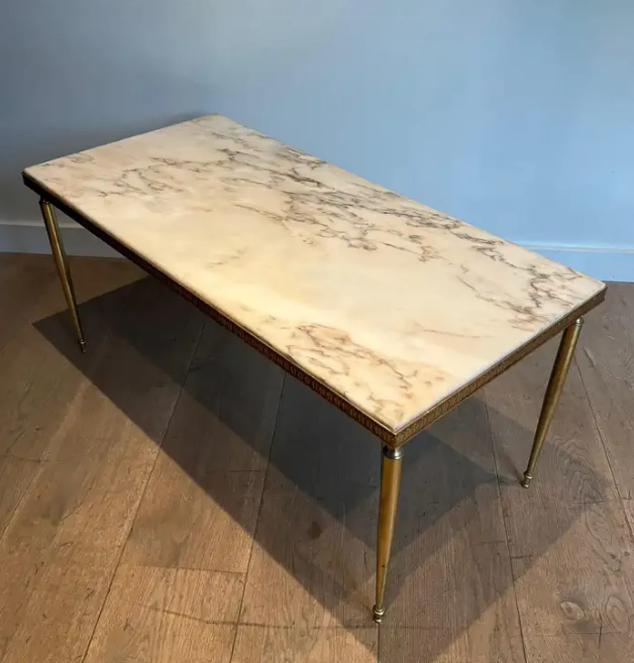 Neoclassical style brass coffee table with marble top, 1940s 3