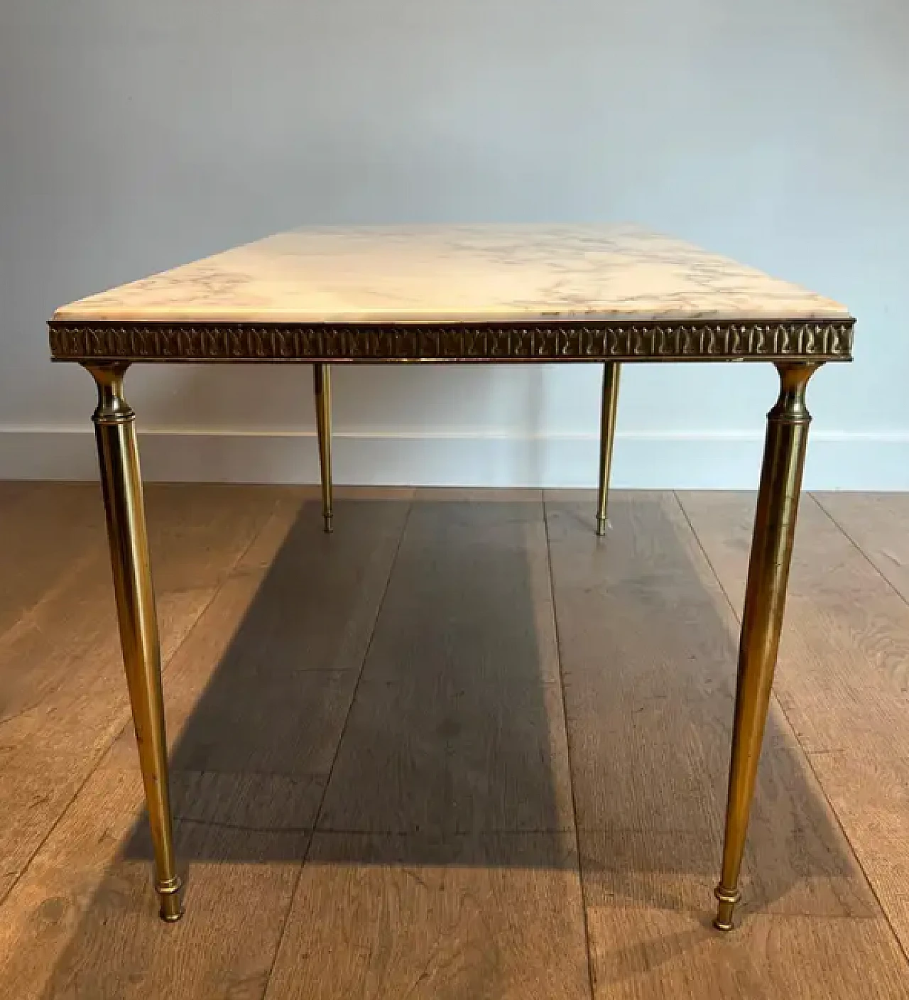 Neoclassical style brass coffee table with marble top, 1940s 4