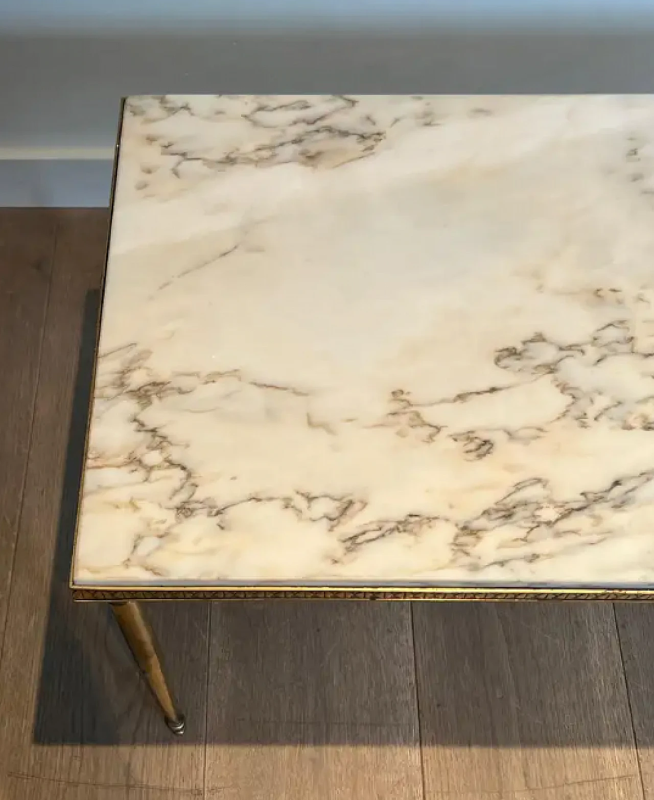 Neoclassical style brass coffee table with marble top, 1940s 6