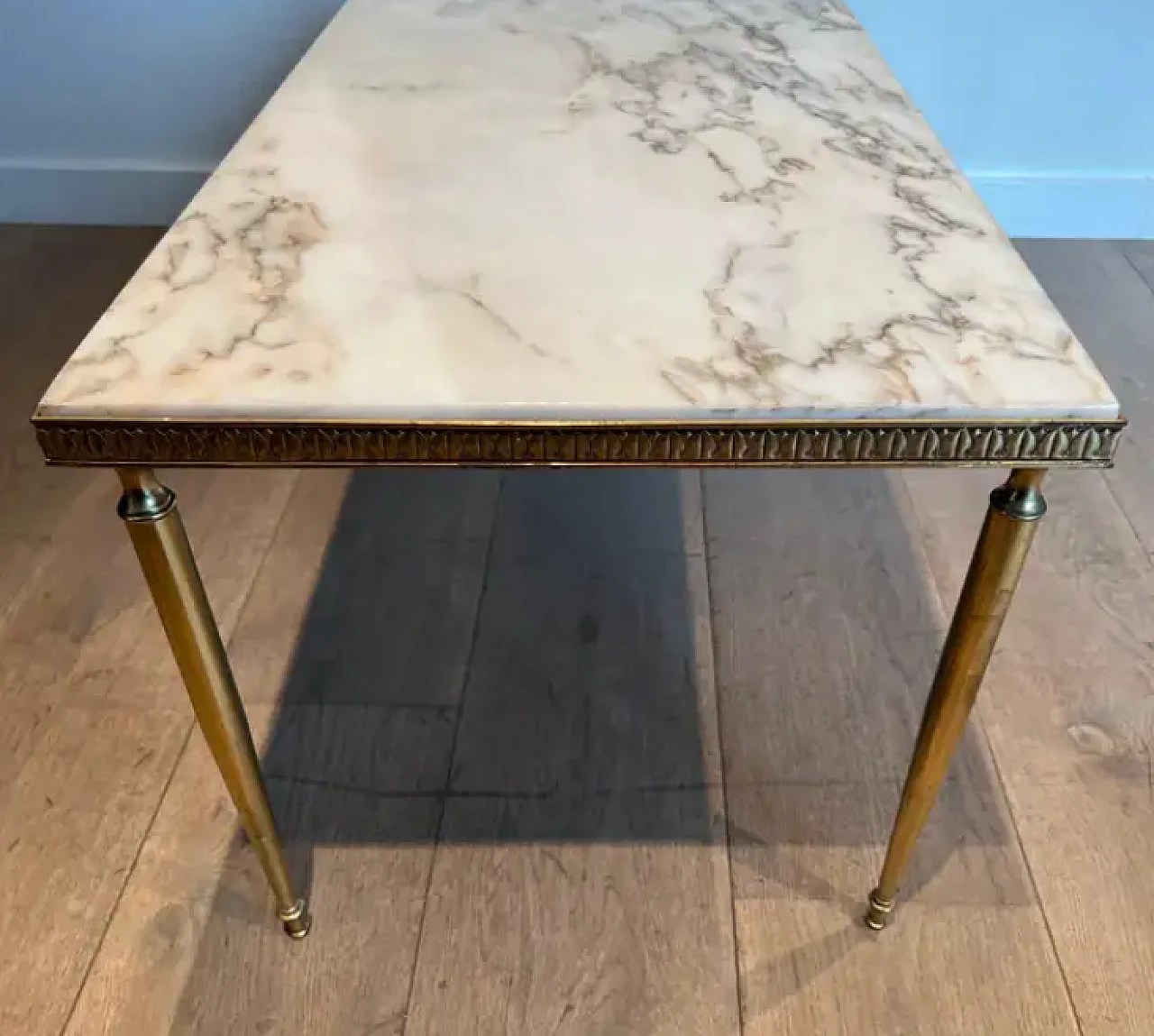 Neoclassical style brass coffee table with marble top, 1940s 7