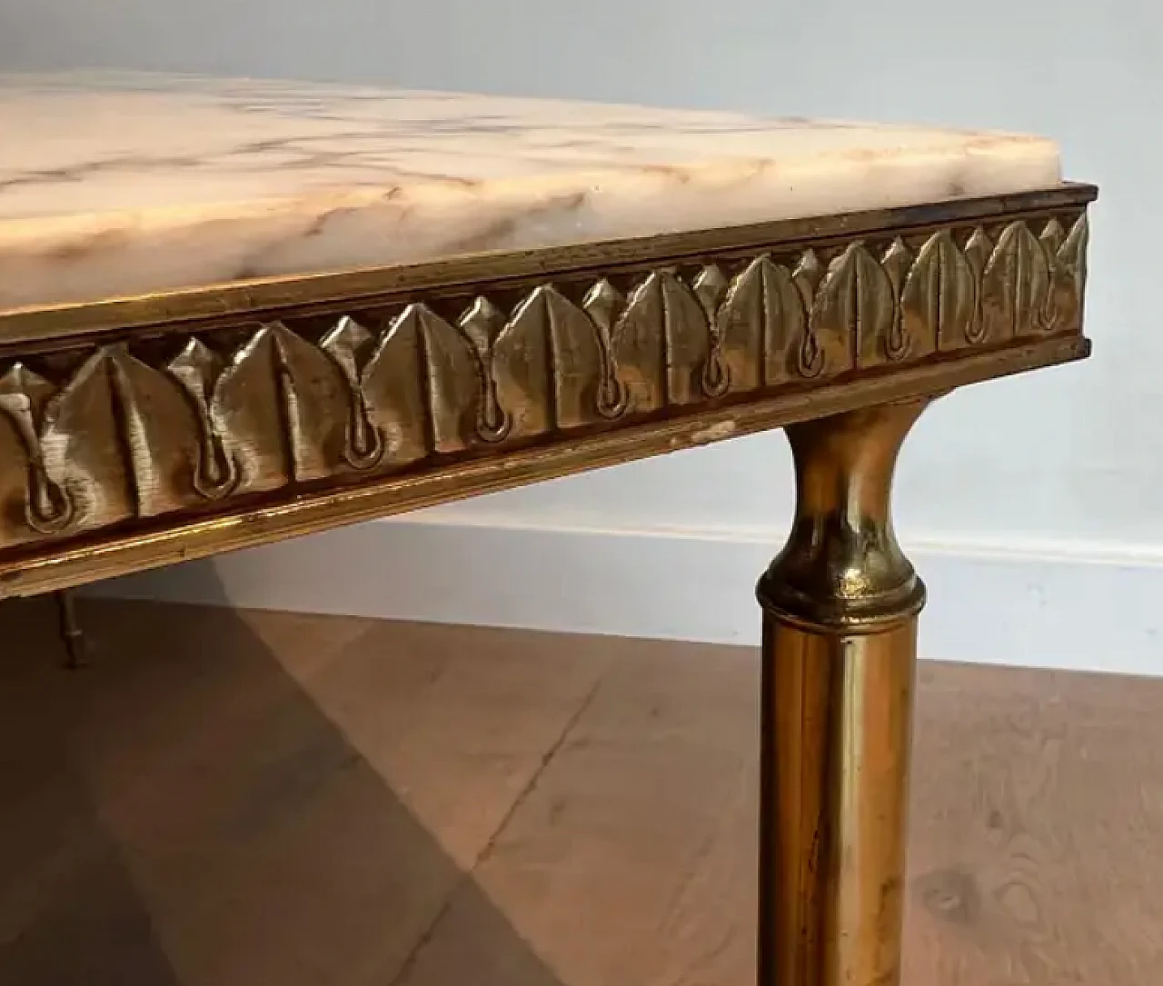 Neoclassical style brass coffee table with marble top, 1940s 9