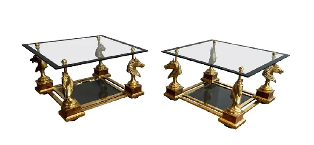 Pair of small tables with brass horses by Charles Charles, 1970s 1