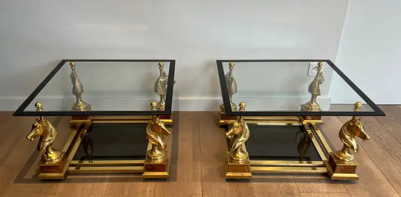 Pair of small tables with brass horses by Charles Charles, 1970s 2