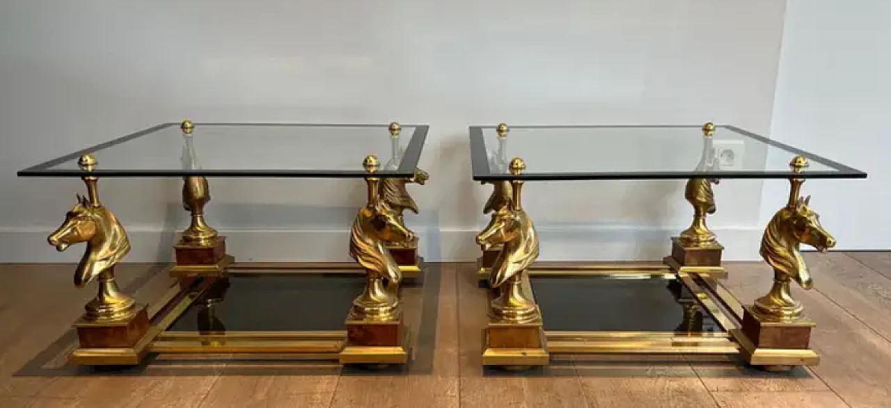 Pair of small tables with brass horses by Charles Charles, 1970s 3