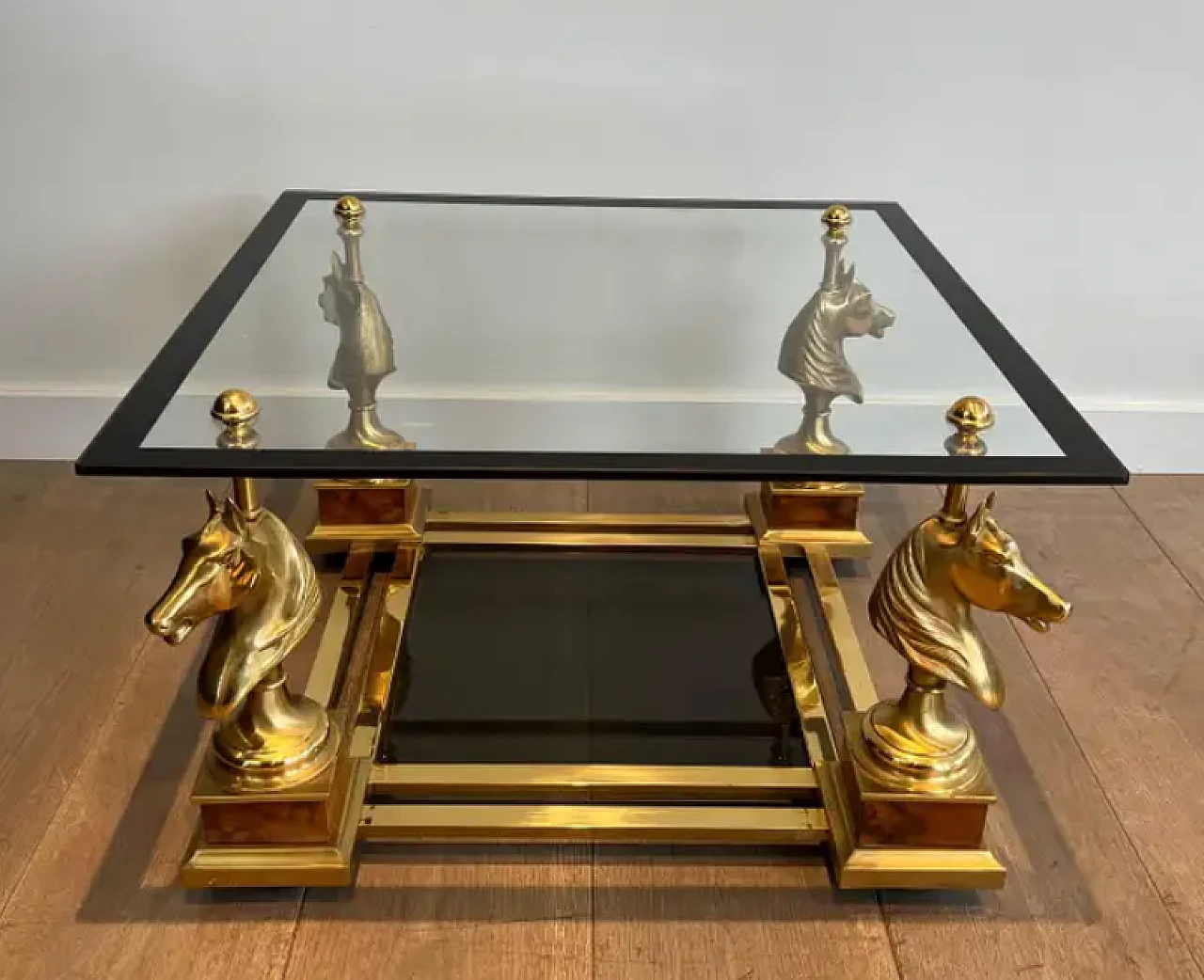 Pair of small tables with brass horses by Charles Charles, 1970s 4