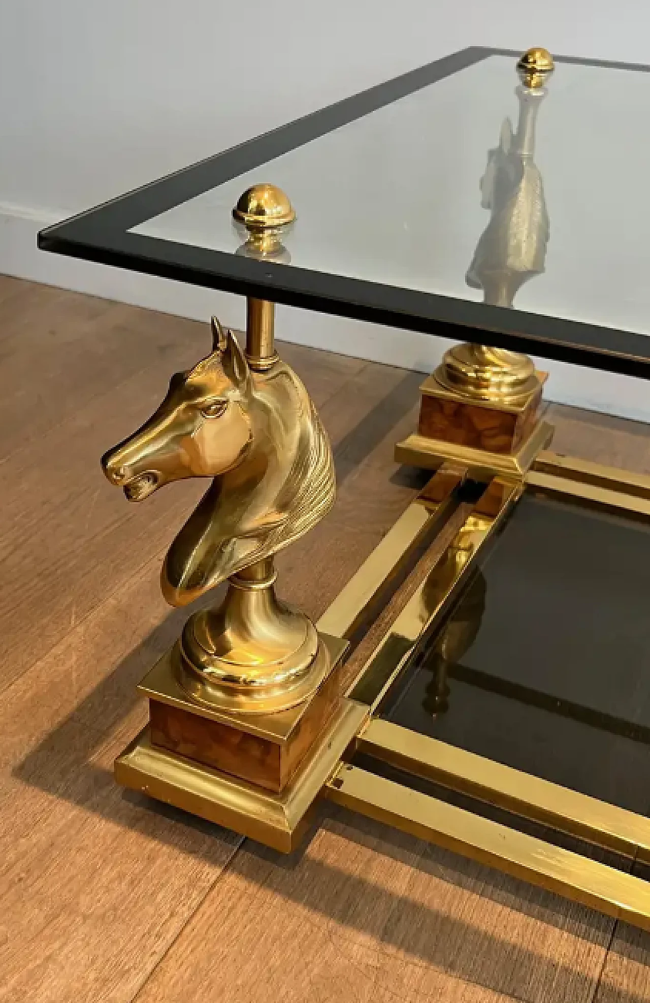 Pair of small tables with brass horses by Charles Charles, 1970s 5