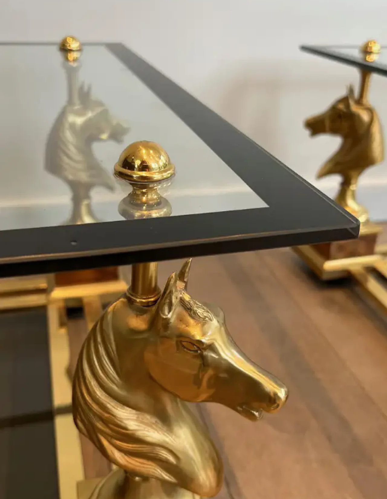 Pair of small tables with brass horses by Charles Charles, 1970s 6