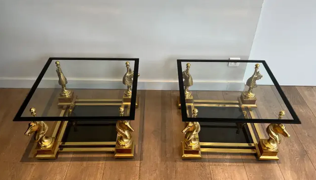 Pair of small tables with brass horses by Charles Charles, 1970s 9