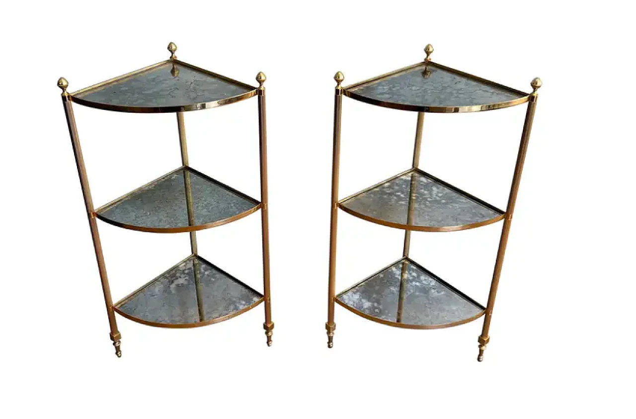 Pair of metal corner tables with mirrored shelves, 1940s 1