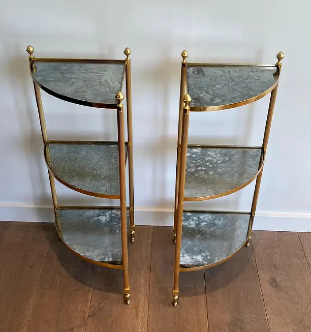 Pair of metal corner tables with mirrored shelves, 1940s 2