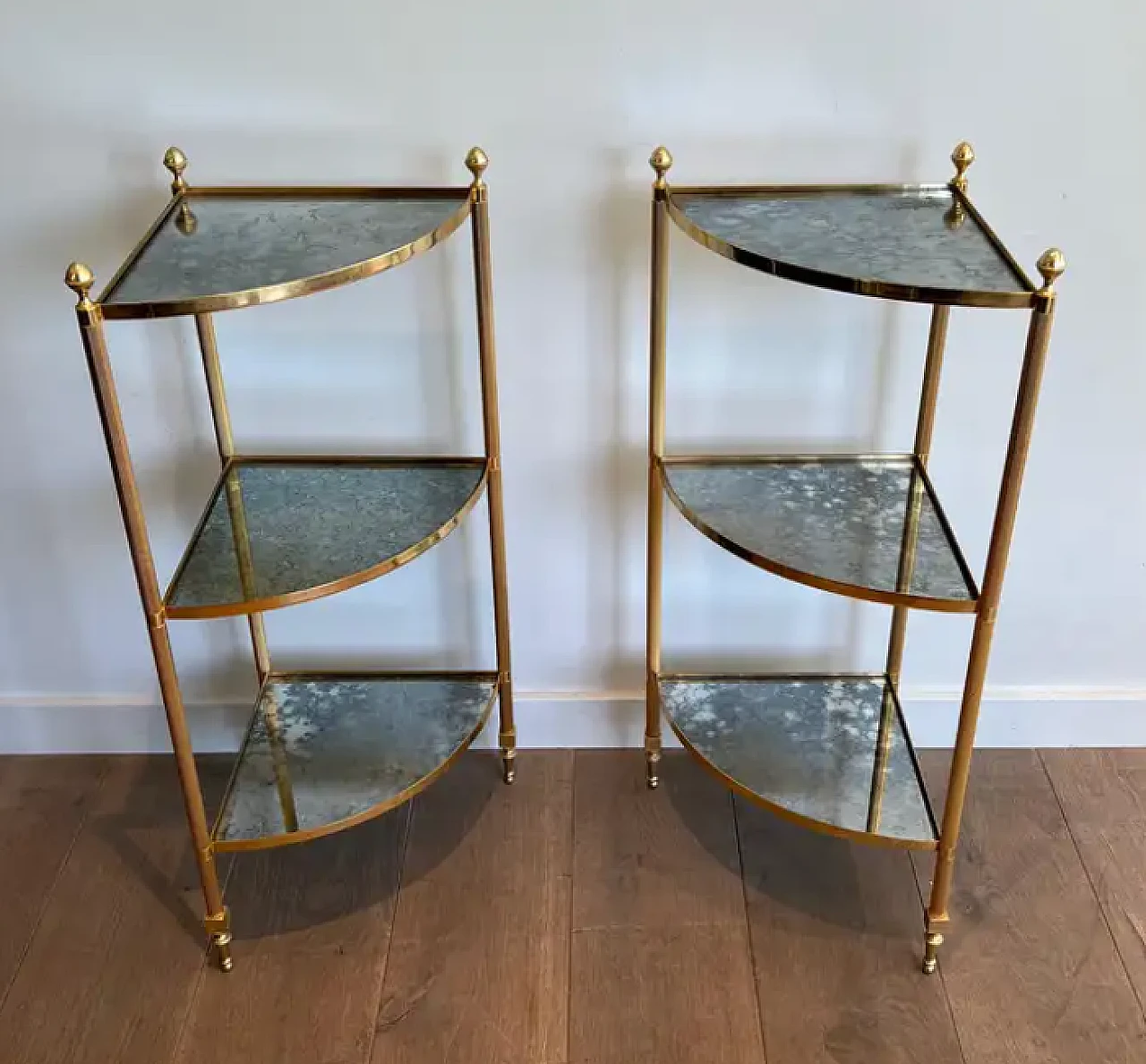 Pair of metal corner tables with mirrored shelves, 1940s 3