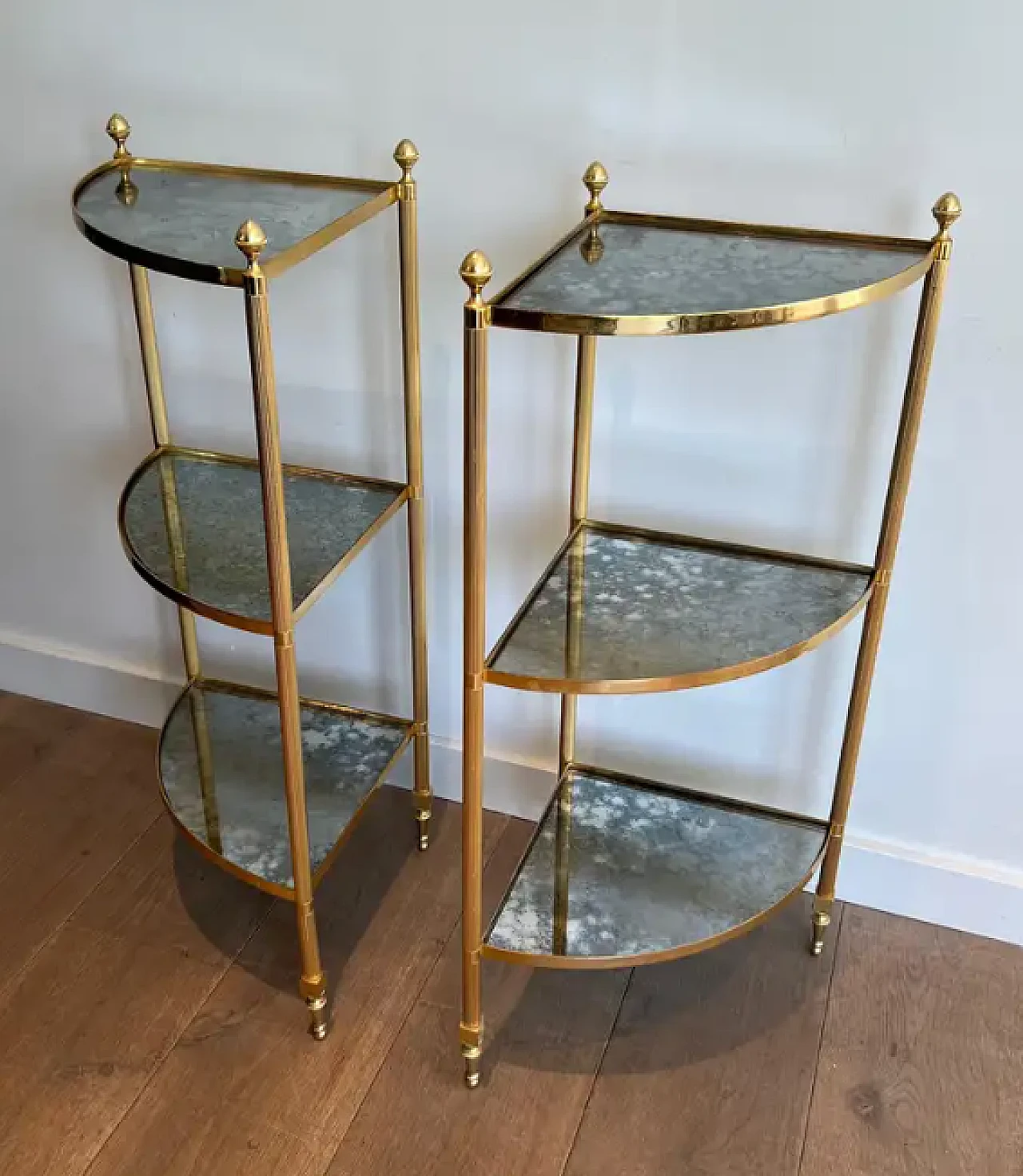 Pair of metal corner tables with mirrored shelves, 1940s 4