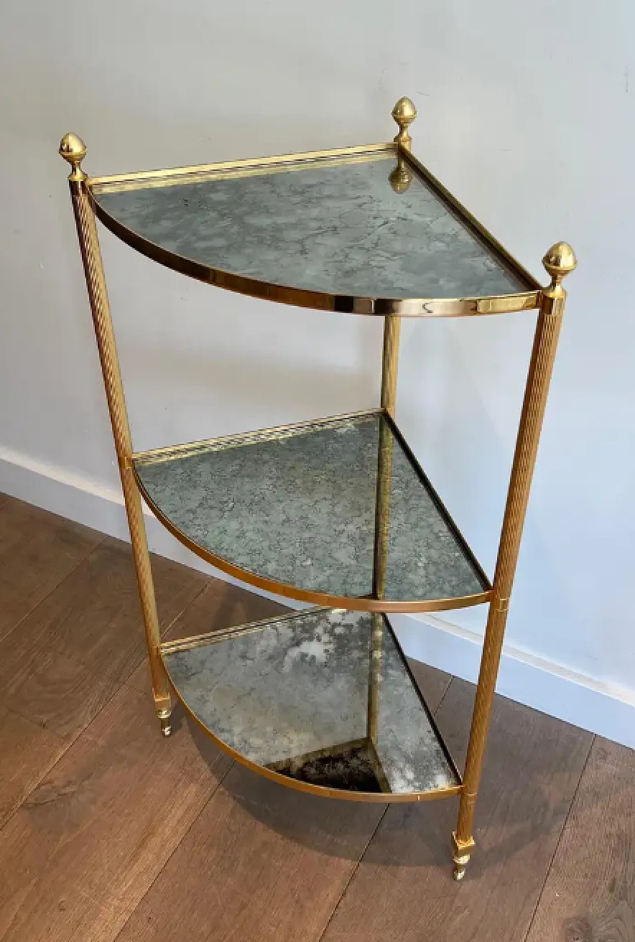 Pair of metal corner tables with mirrored shelves, 1940s 5