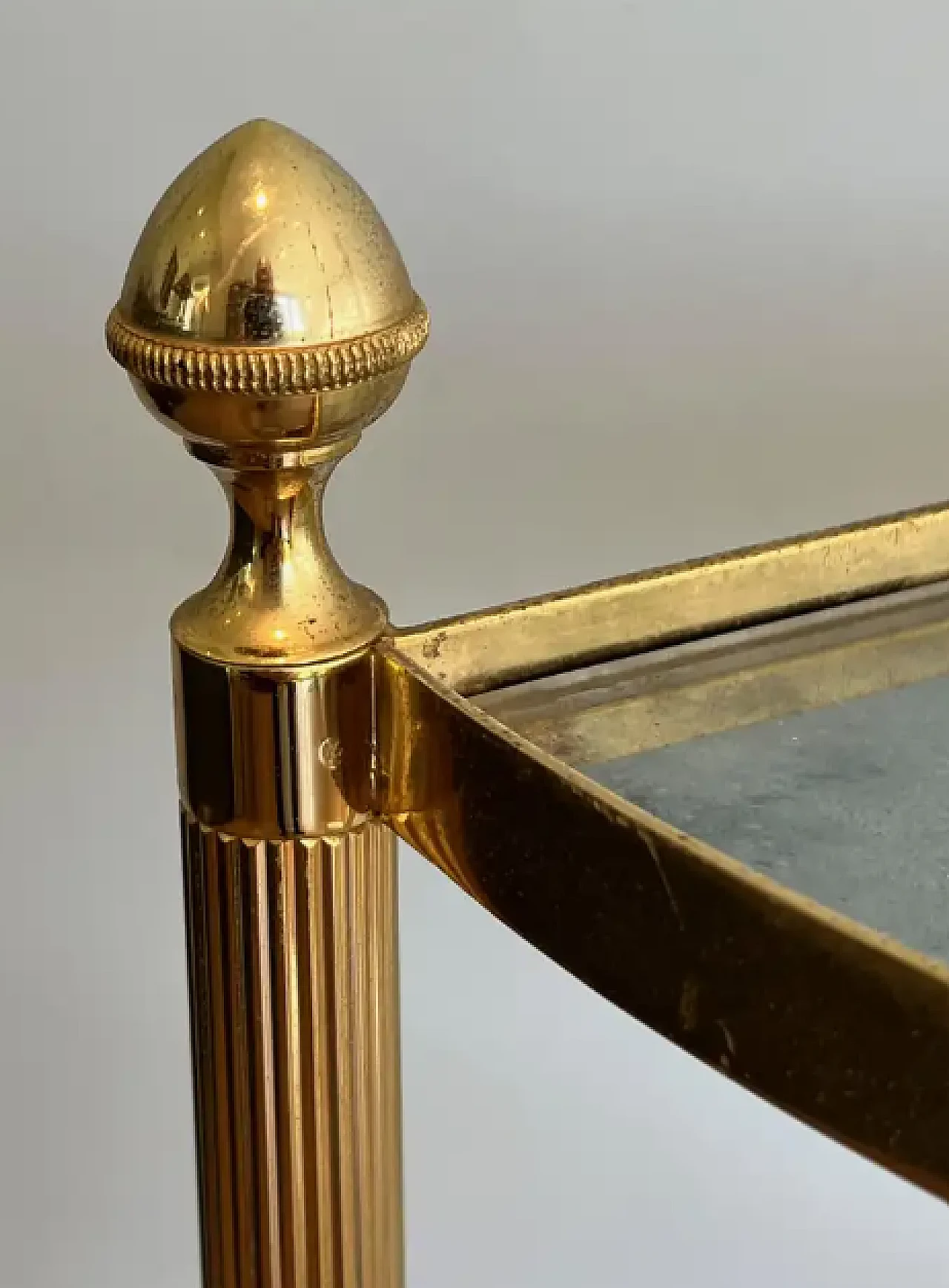 Pair of metal corner tables with mirrored shelves, 1940s 12