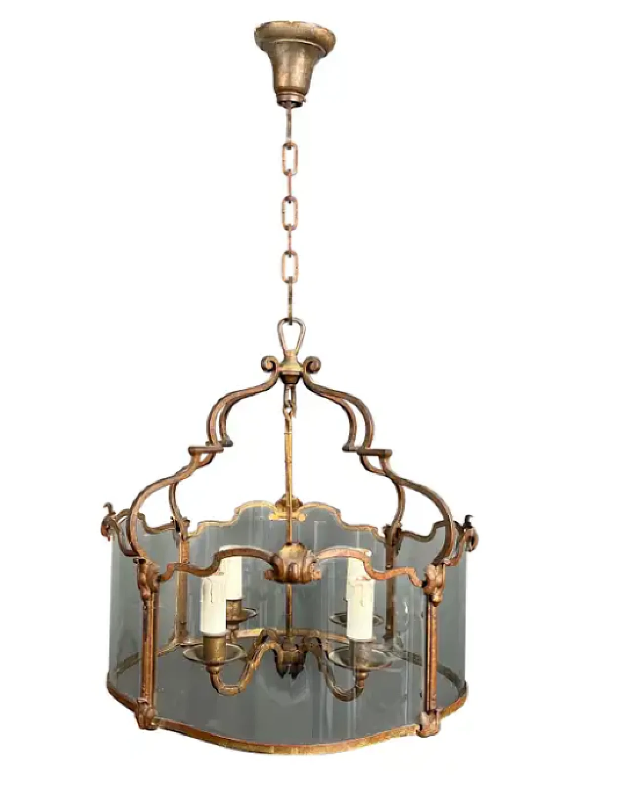 4-light gilded wrought iron lantern with curved glass, 1940s 1