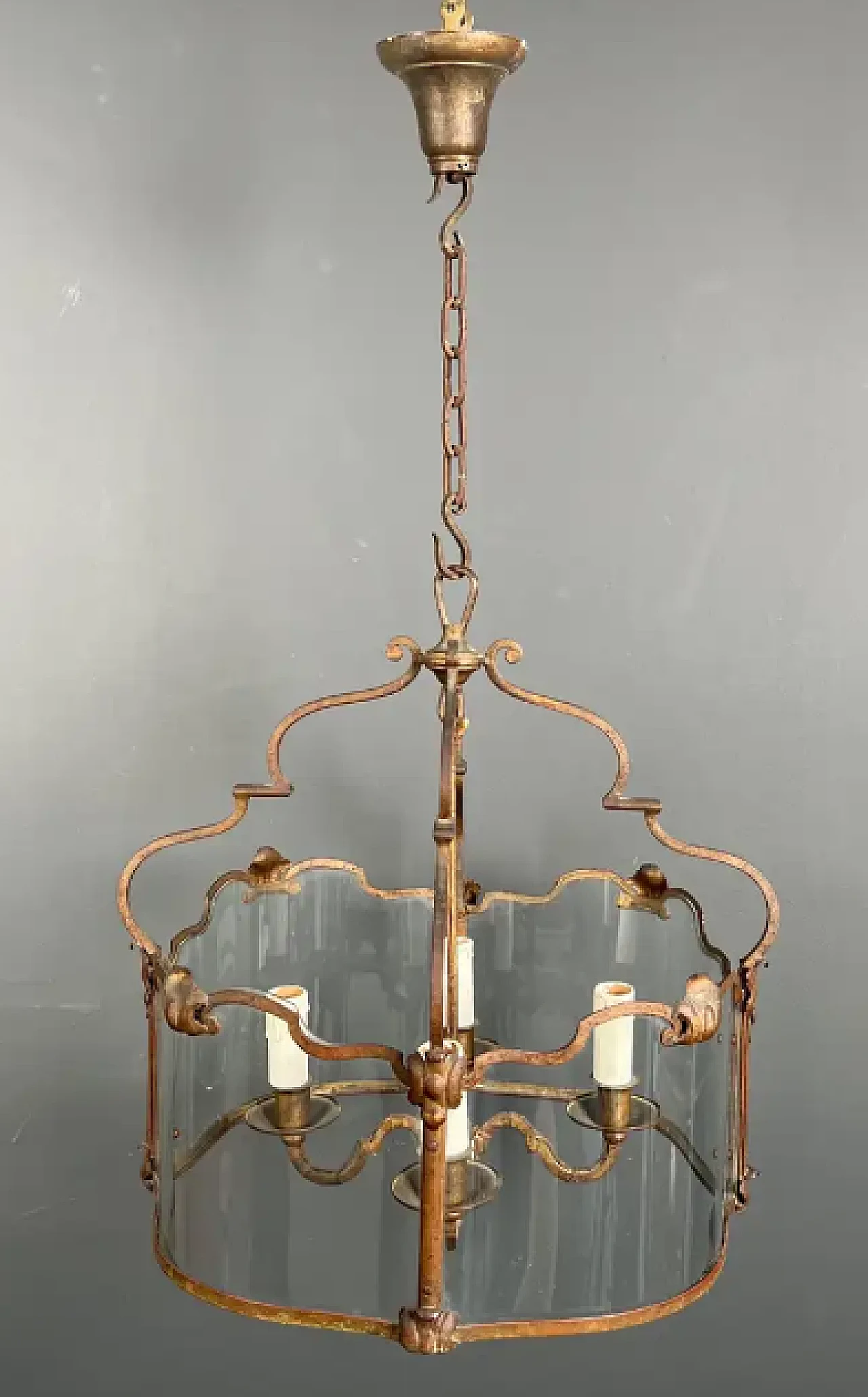 4-light gilded wrought iron lantern with curved glass, 1940s 2