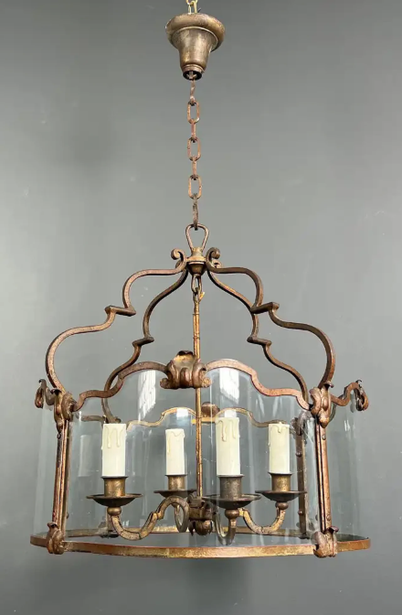 4-light gilded wrought iron lantern with curved glass, 1940s 3