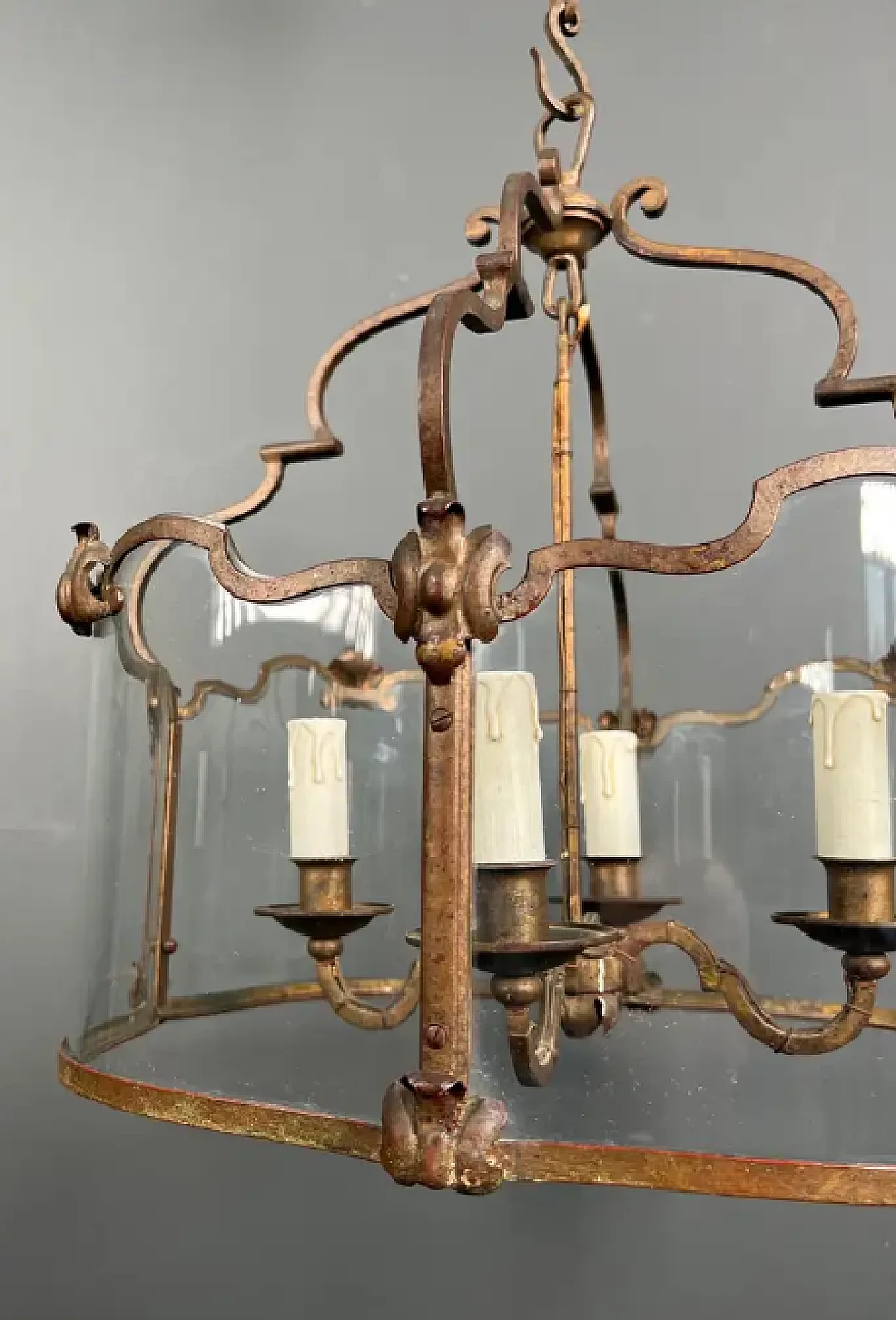 4-light gilded wrought iron lantern with curved glass, 1940s 6