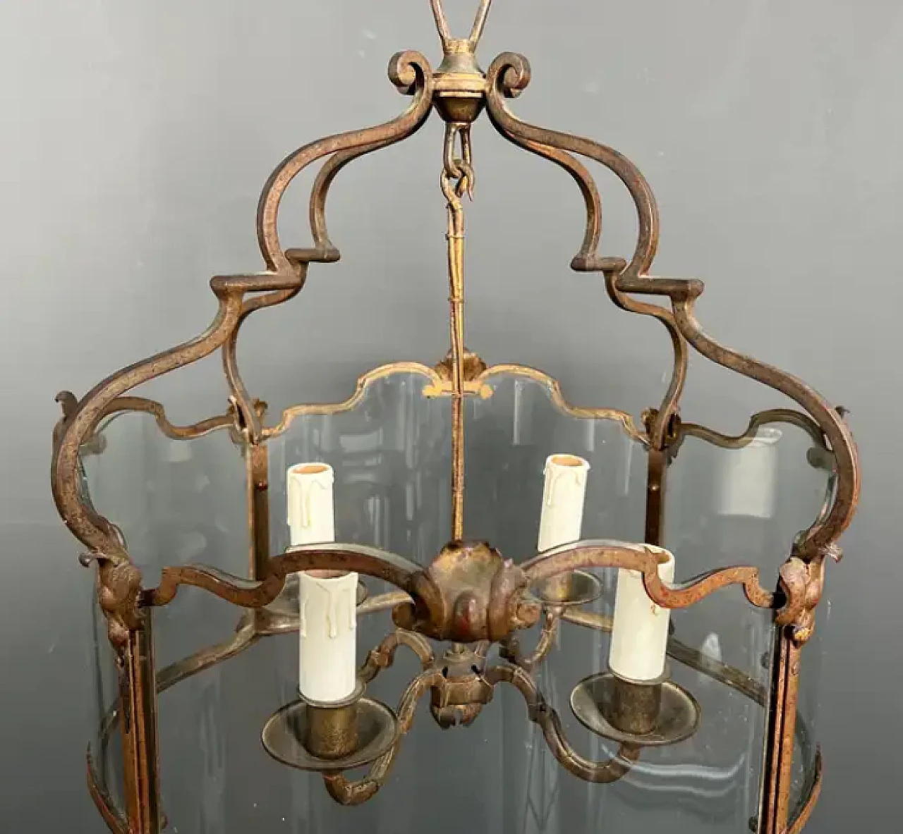 4-light gilded wrought iron lantern with curved glass, 1940s 7