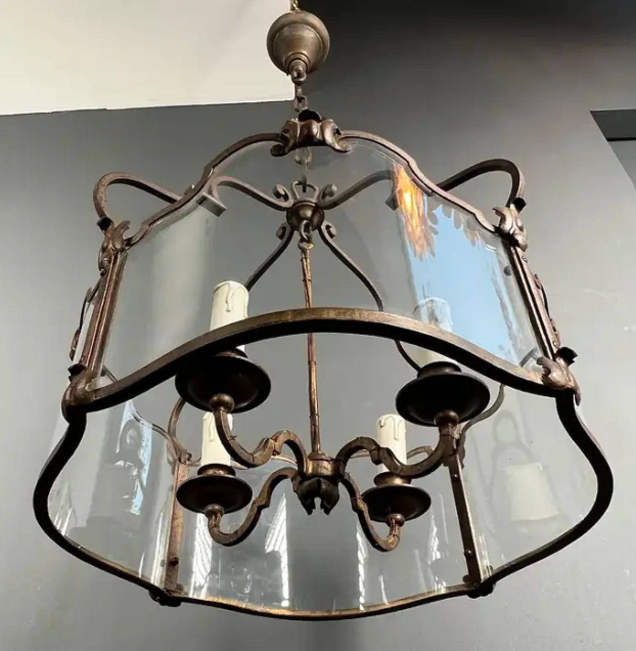 4-light gilded wrought iron lantern with curved glass, 1940s 10