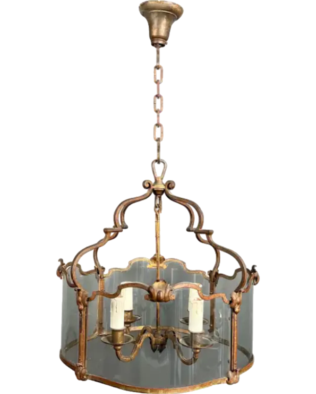 4-light gilded wrought iron lantern with curved glass, 1940s 14