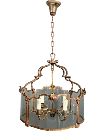 4-light gilded wrought iron lantern with curved glass, 1940s