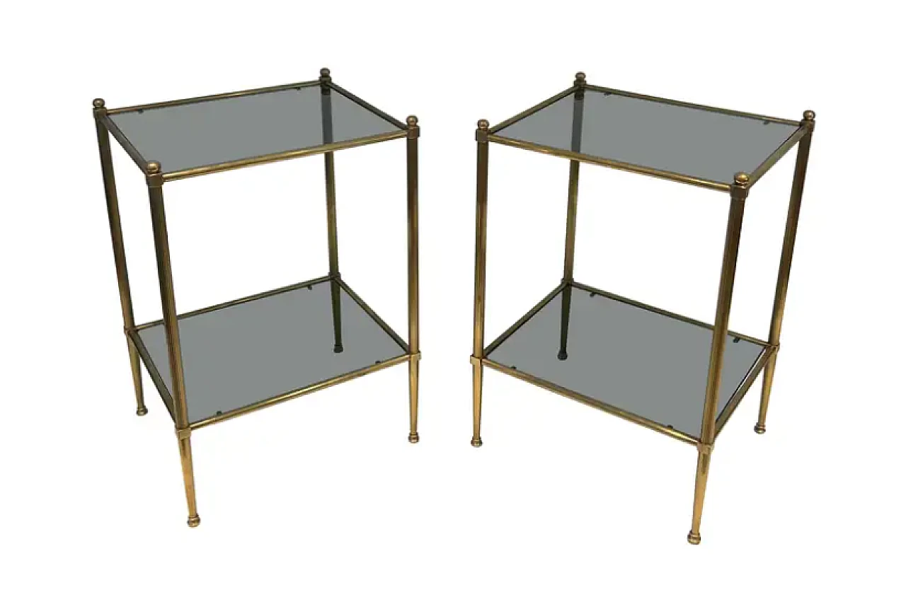 Pair of small tables in brass and bluish glass, 1940s 1