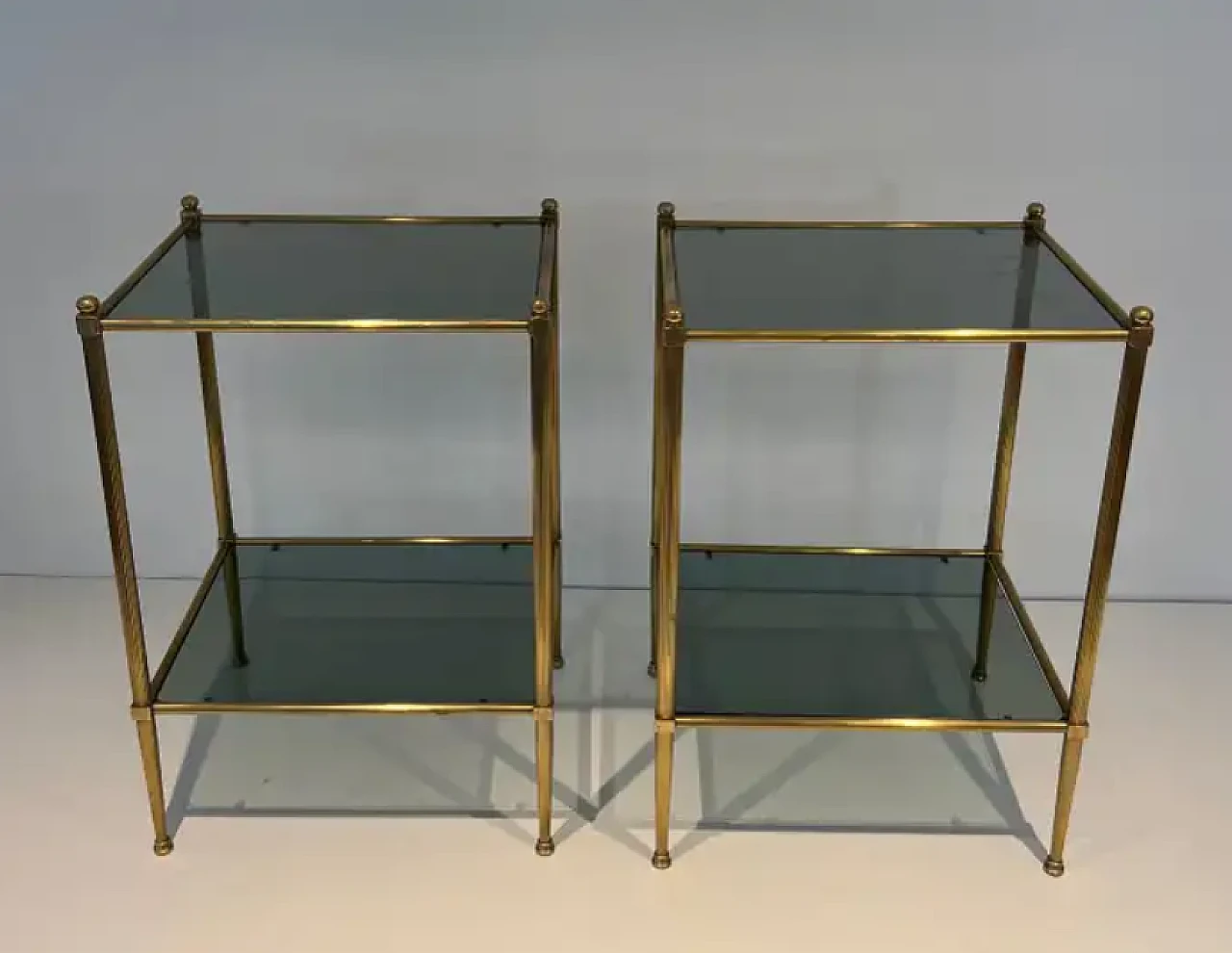 Pair of small tables in brass and bluish glass, 1940s 2