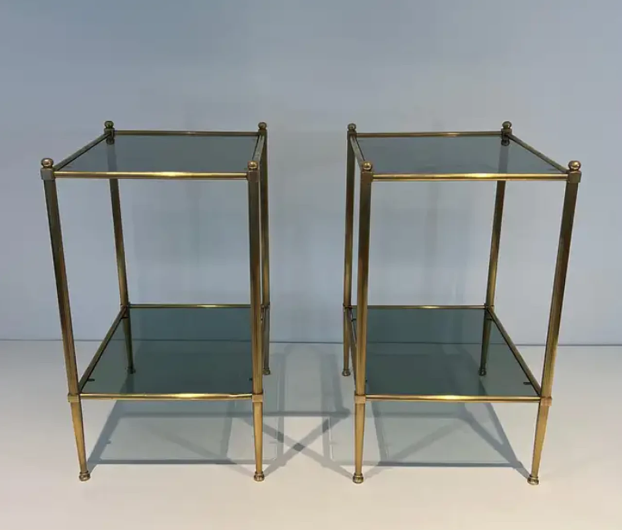 Pair of small tables in brass and bluish glass, 1940s 3