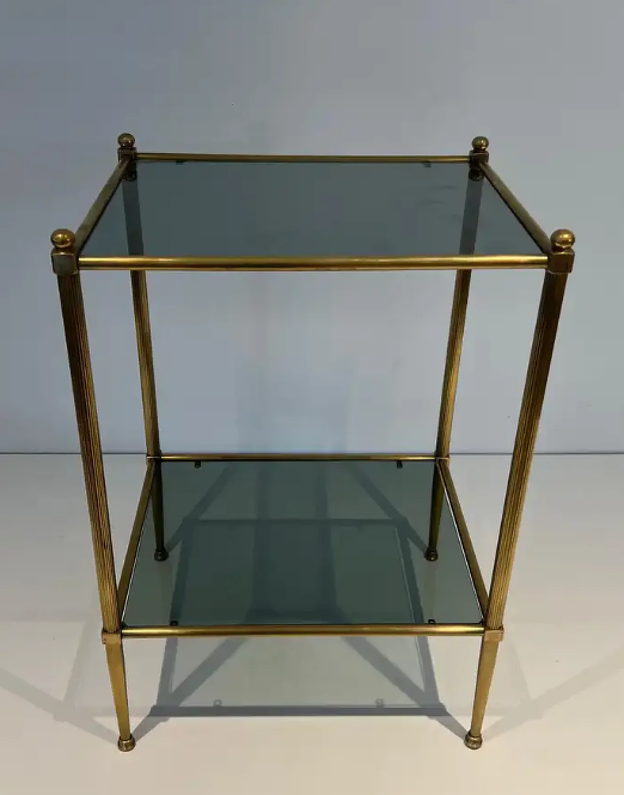 Pair of small tables in brass and bluish glass, 1940s 4