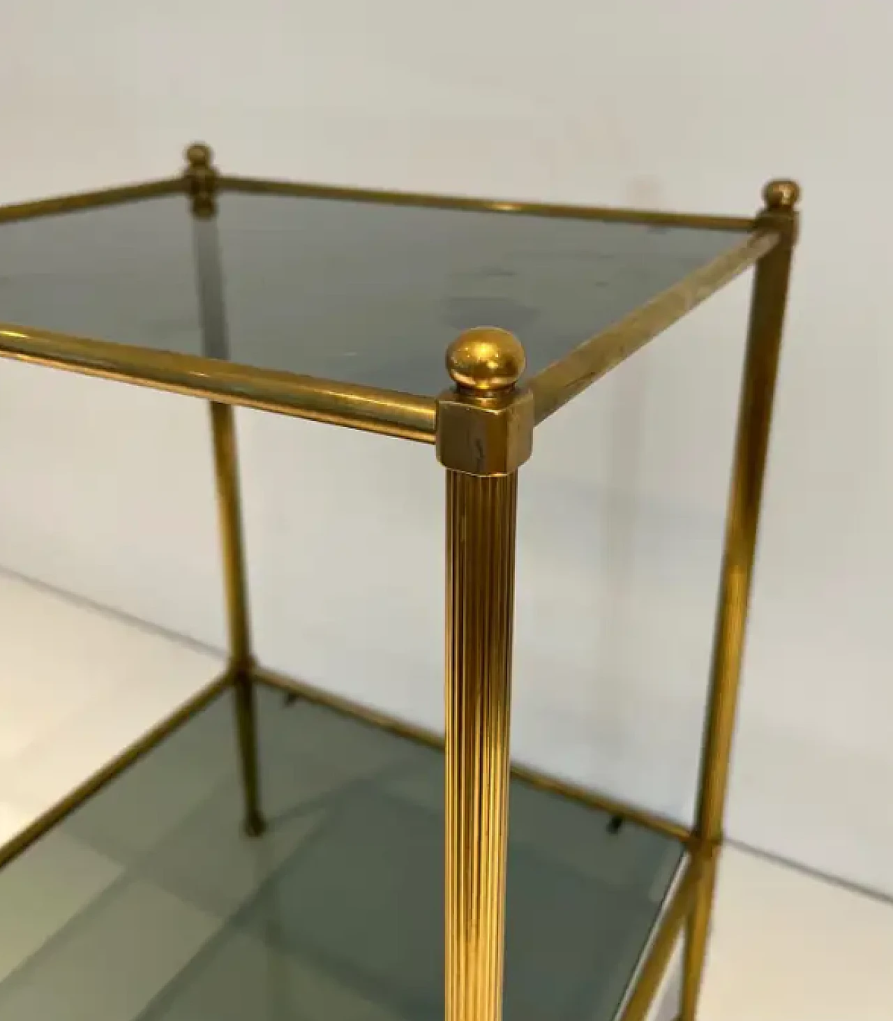 Pair of small tables in brass and bluish glass, 1940s 5