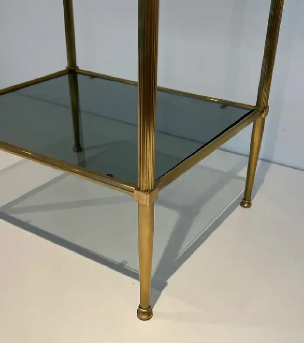 Pair of small tables in brass and bluish glass, 1940s 7