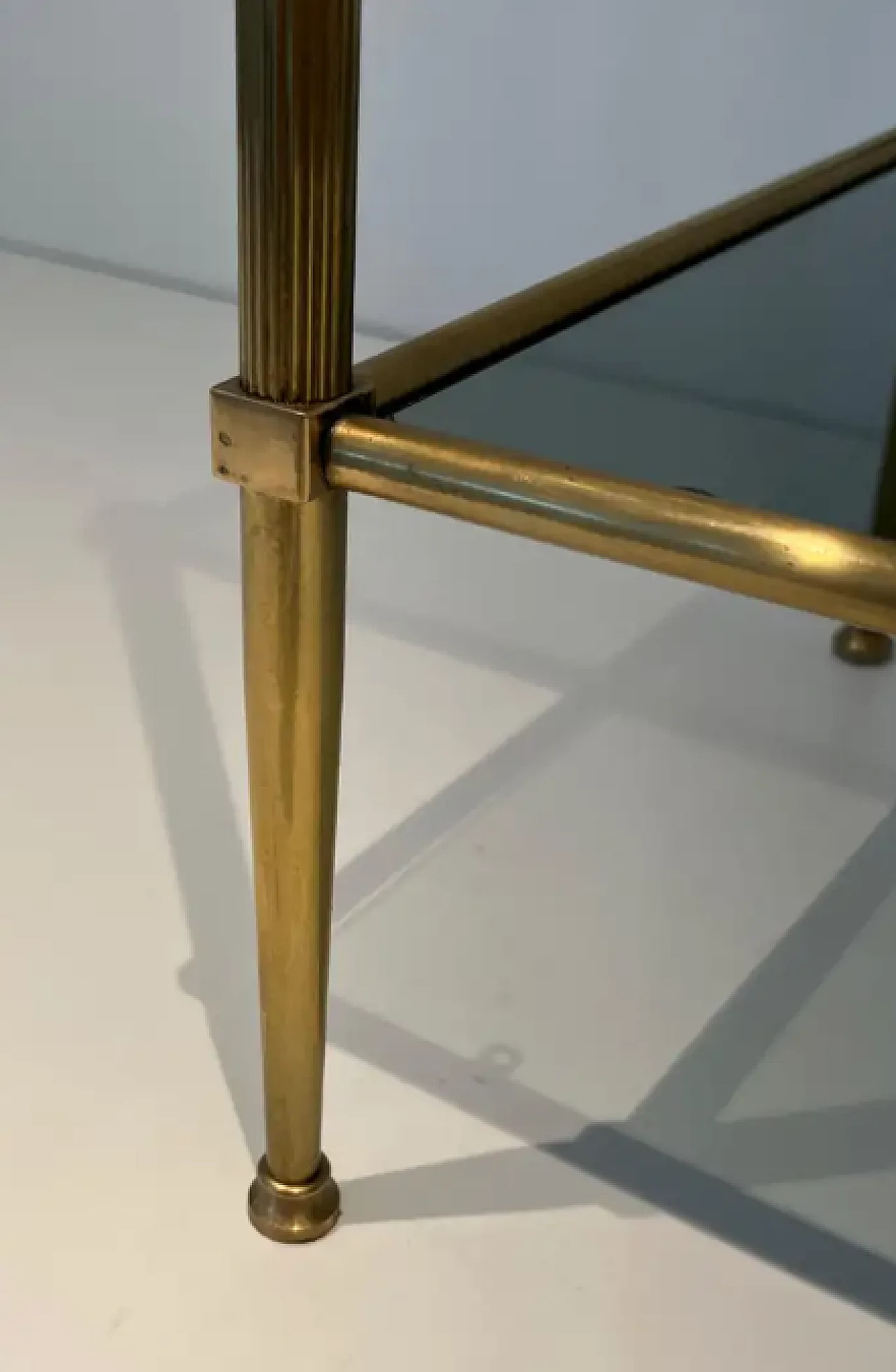 Pair of small tables in brass and bluish glass, 1940s 8