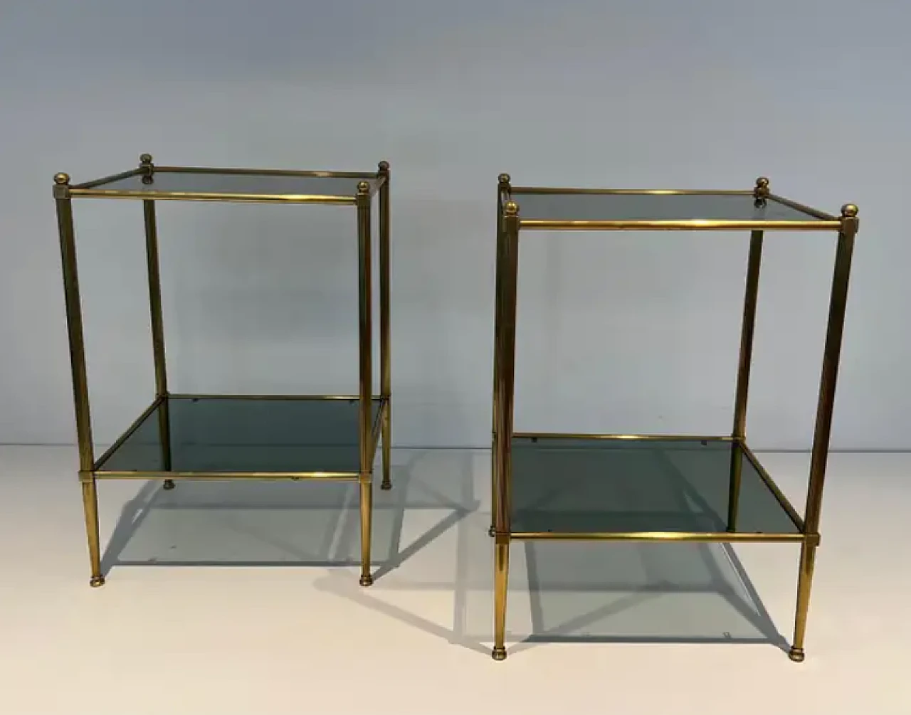 Pair of small tables in brass and bluish glass, 1940s 10