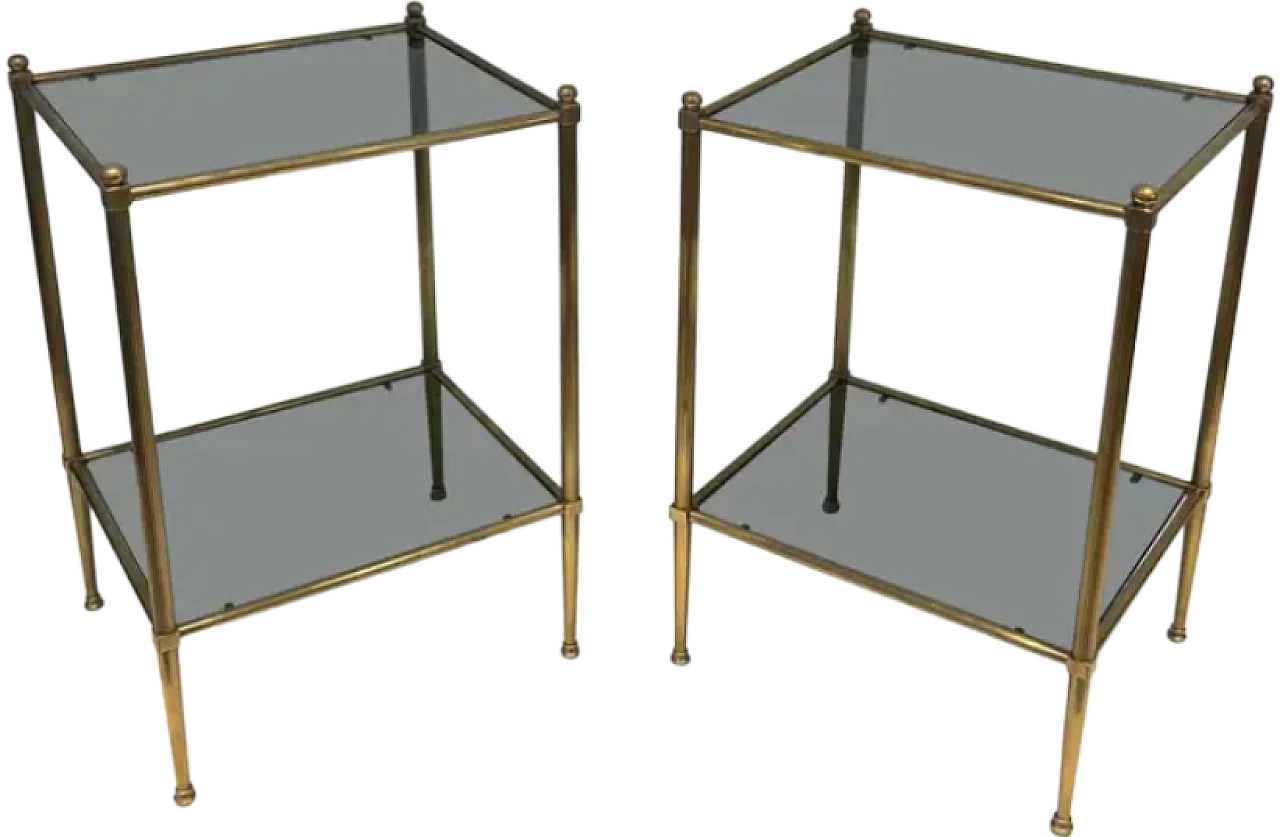 Pair of small tables in brass and bluish glass, 1940s 12