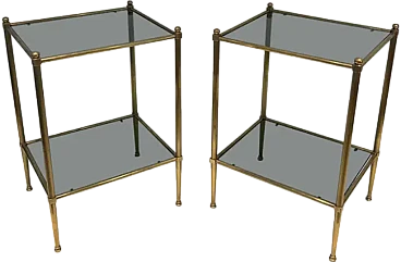 Pair of small tables in brass and bluish glass, 1940s