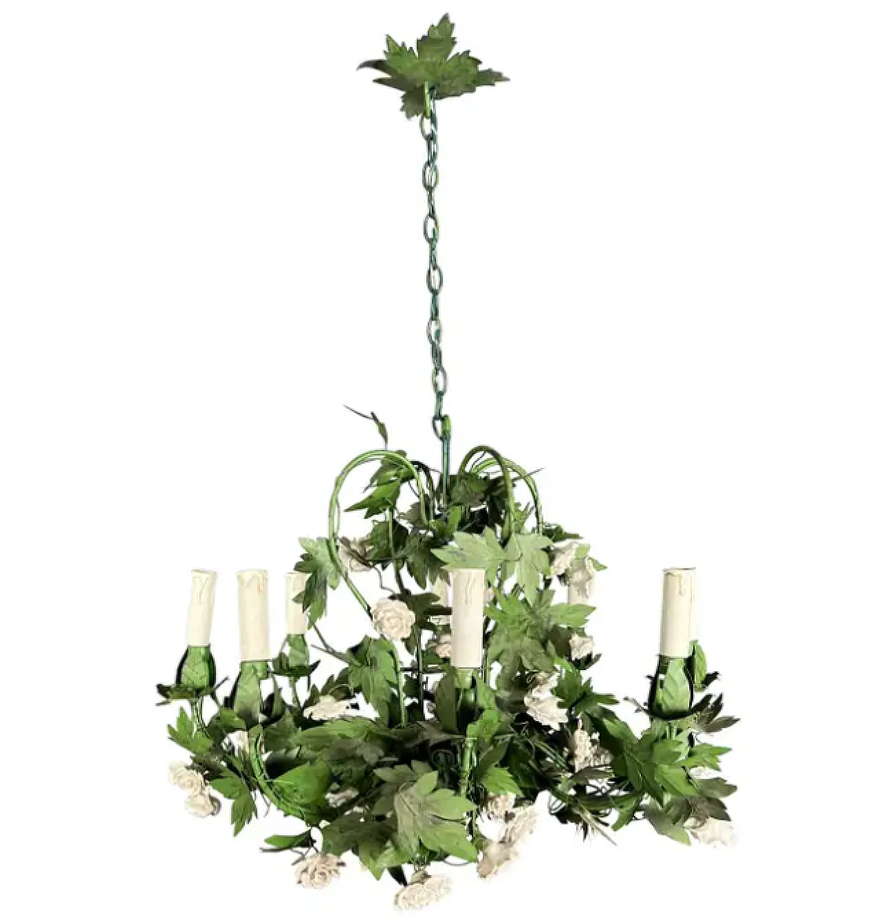 Painted sheet metal chandelier with porcelain flowers, 1970s 1