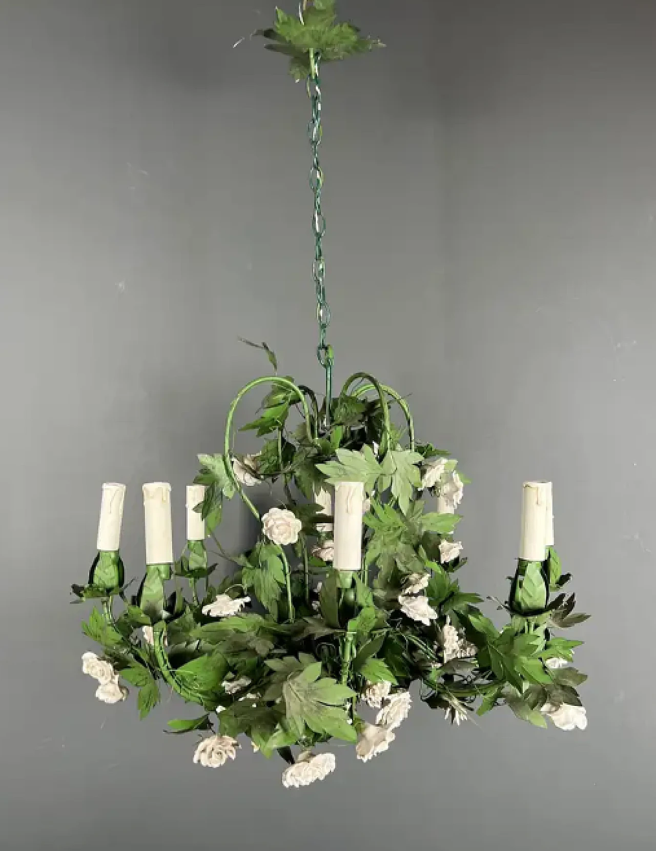 Painted sheet metal chandelier with porcelain flowers, 1970s 2