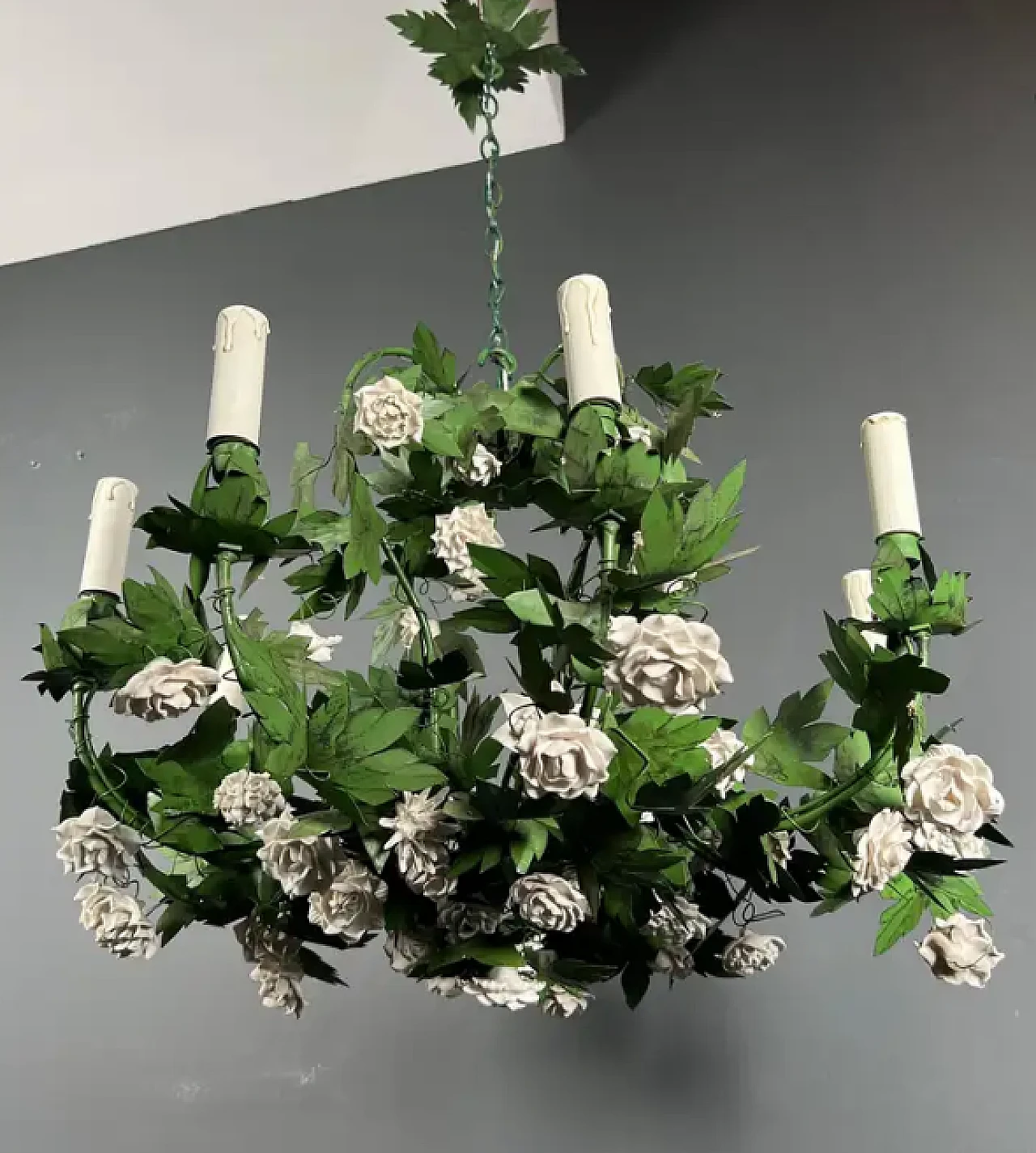 Painted sheet metal chandelier with porcelain flowers, 1970s 3