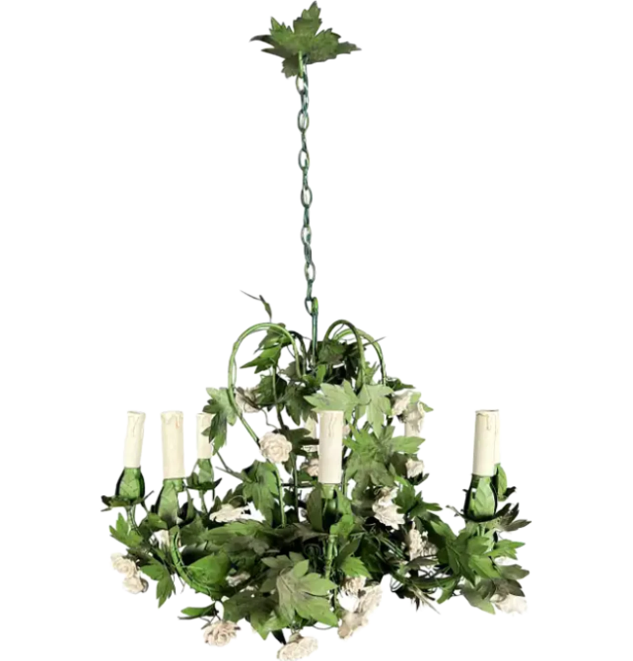 Painted sheet metal chandelier with porcelain flowers, 1970s 10