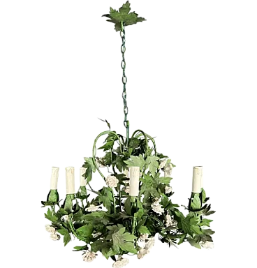 Painted sheet metal chandelier with porcelain flowers, 1970s