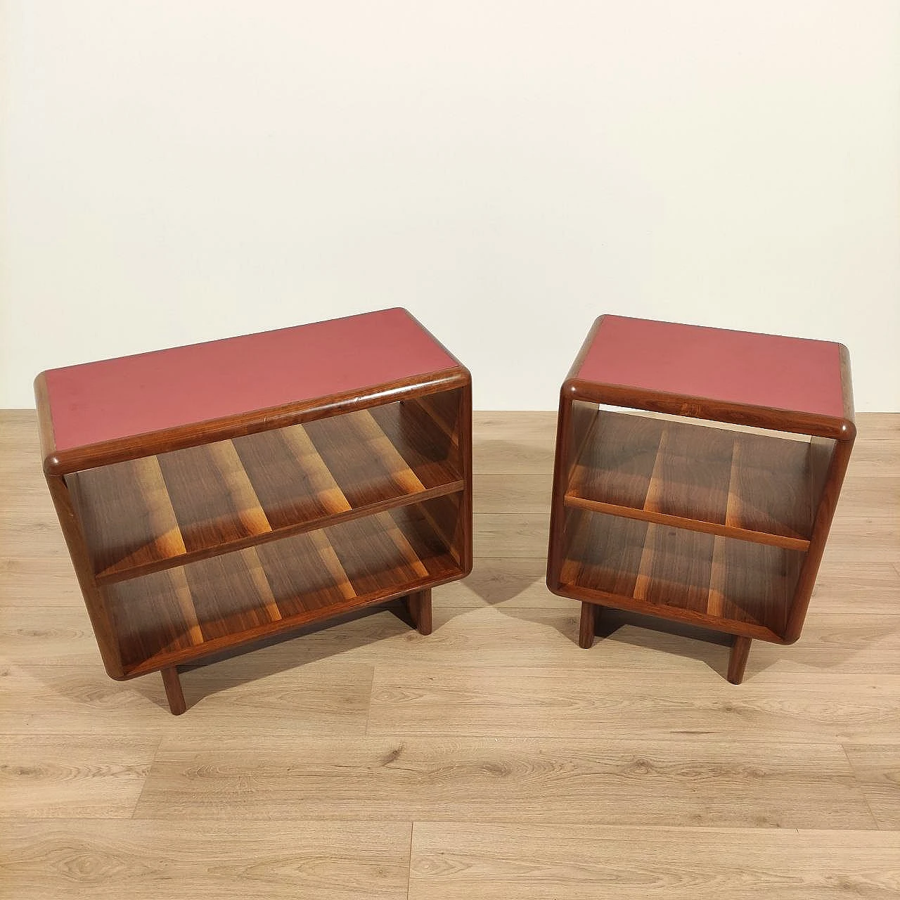 Set of 2 walnut and red formica cabinets, 1950s 1