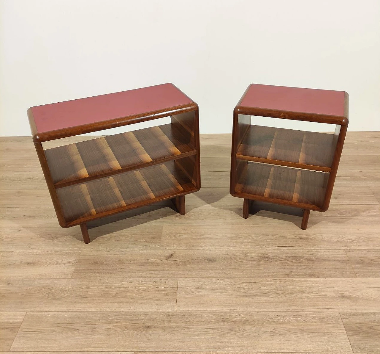 Set of 2 walnut and red formica cabinets, 1950s 2