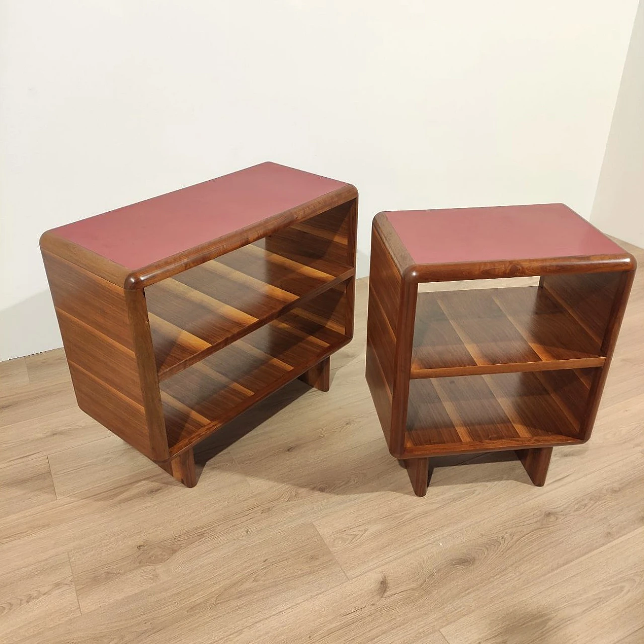 Set of 2 walnut and red formica cabinets, 1950s 3