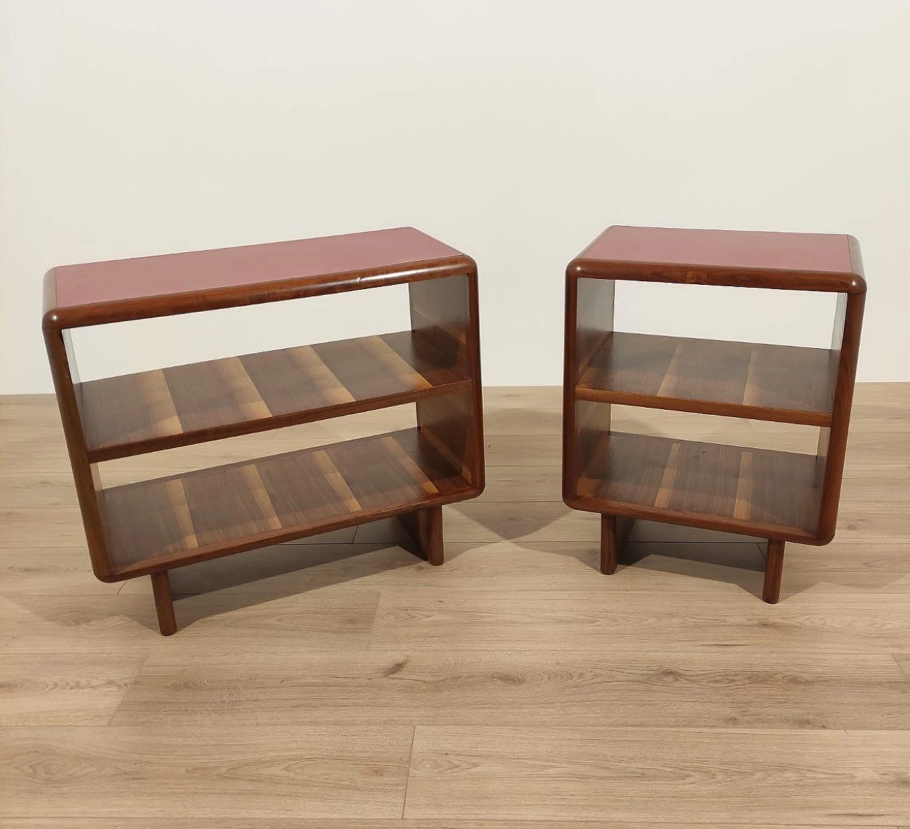 Set of 2 walnut and red formica cabinets, 1950s 4