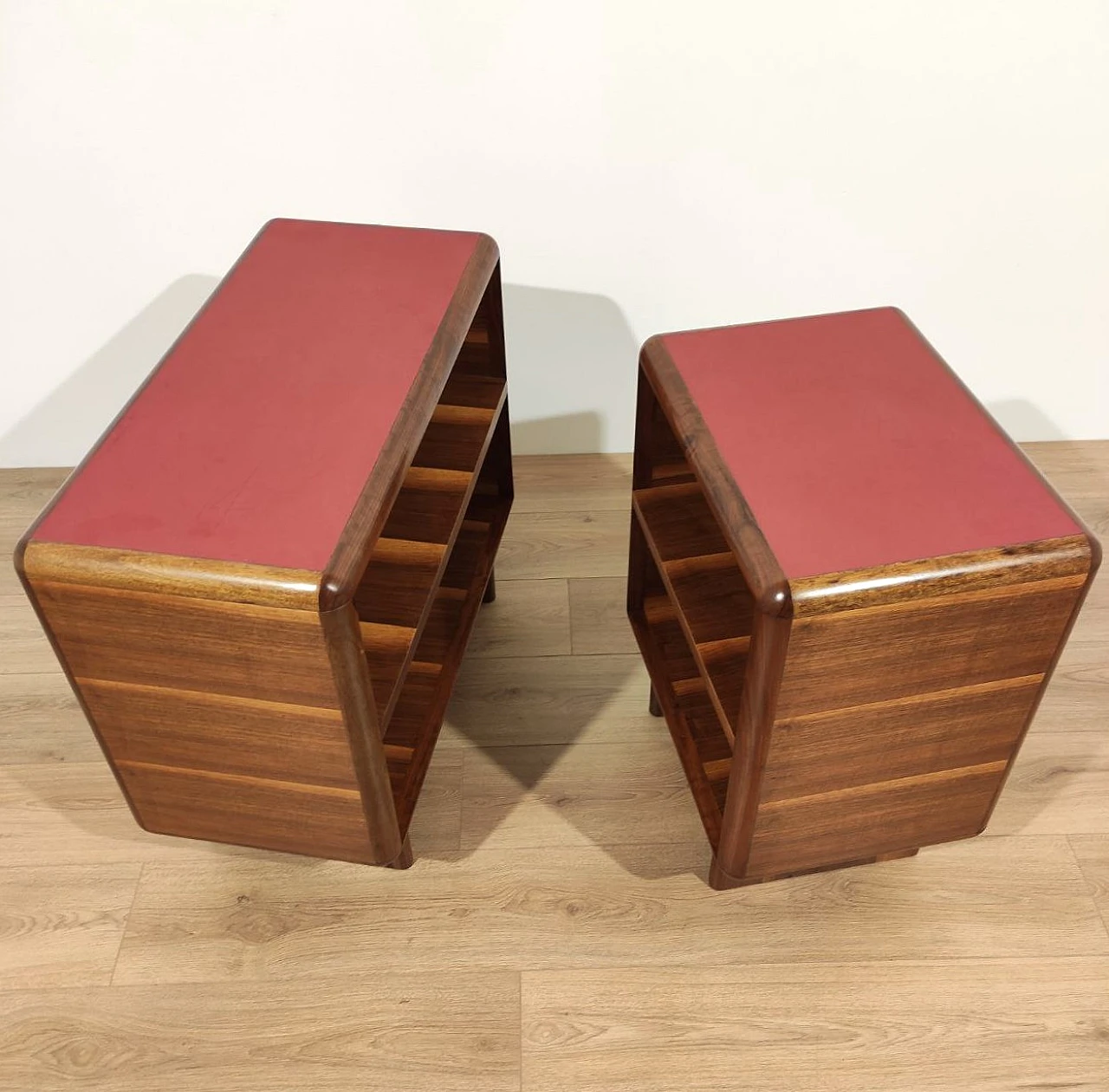 Set of 2 walnut and red formica cabinets, 1950s 5